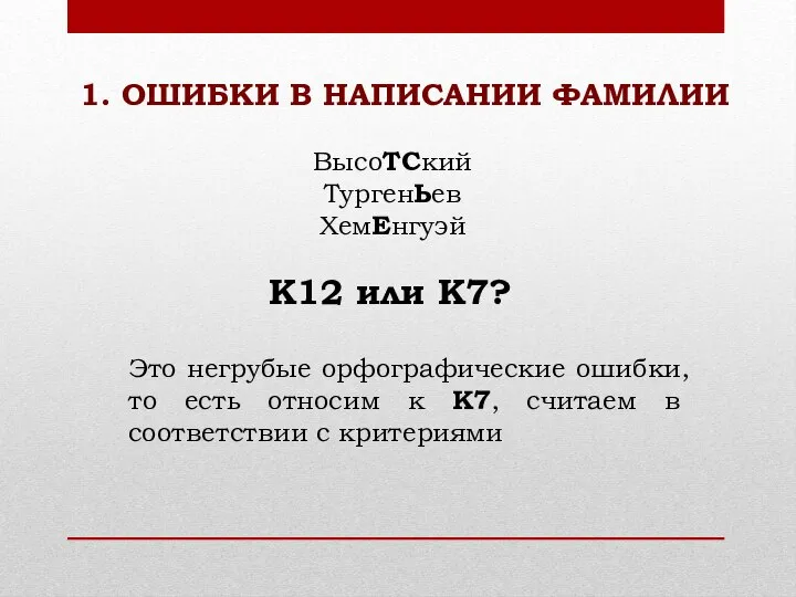 К12 или К7? ВысоТСкий ТургенЬев ХемЕнгуэй Это негрубые орфографические ошибки, то есть