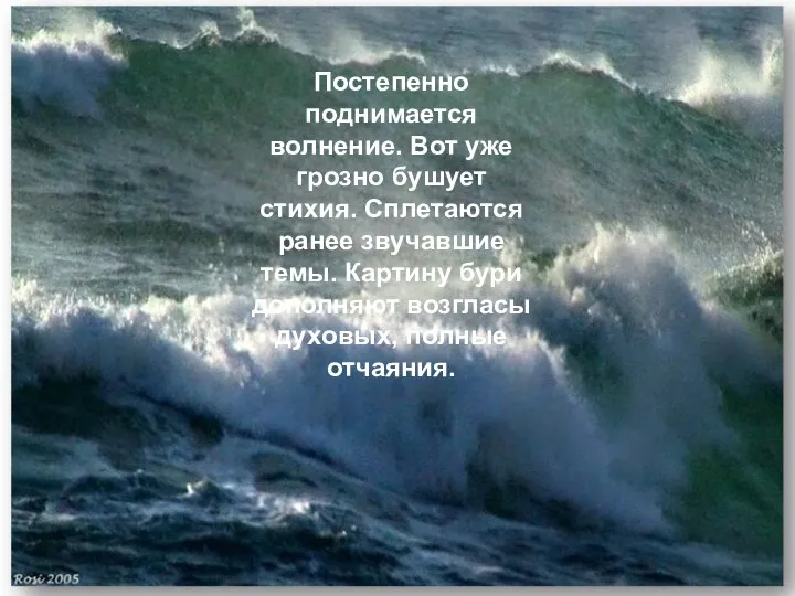 Постепенно поднимается волнение. Вот уже грозно бушует стихия. Сплетаются ранее звучавшие темы.