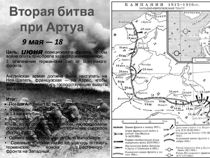 Цель: 1. прорыв позиционного фронта, чтобы война опять приобрела характер маневренной; 2.