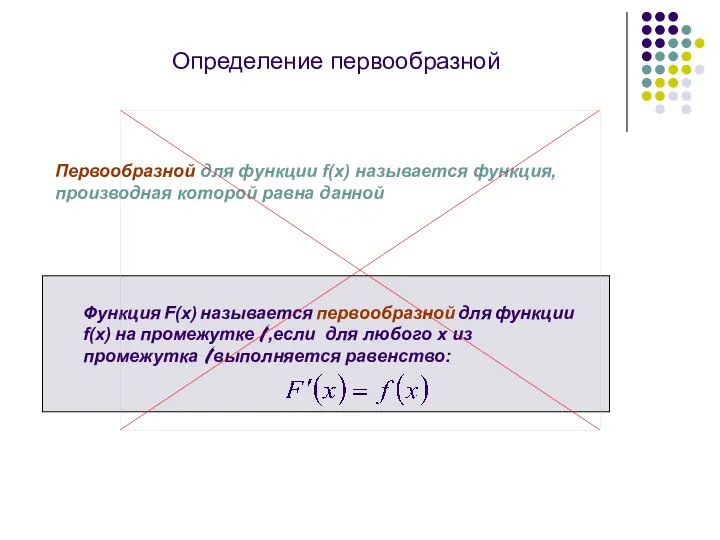 Первообразной для функции f(x) называется функция, производная которой равна данной Определение первообразной