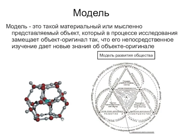 Модель Модель - это такой материальный или мысленно представляемый объект, который в