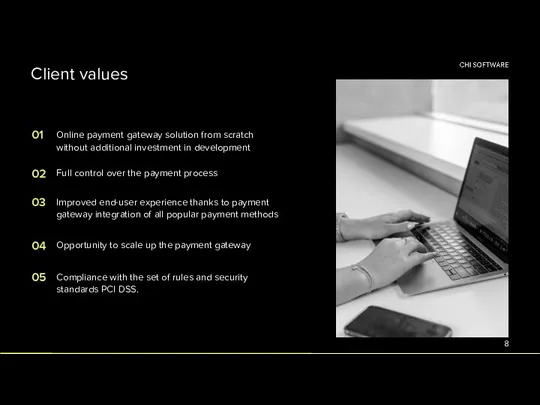 Client values 02 Full control over the payment process 03 Improved end-user