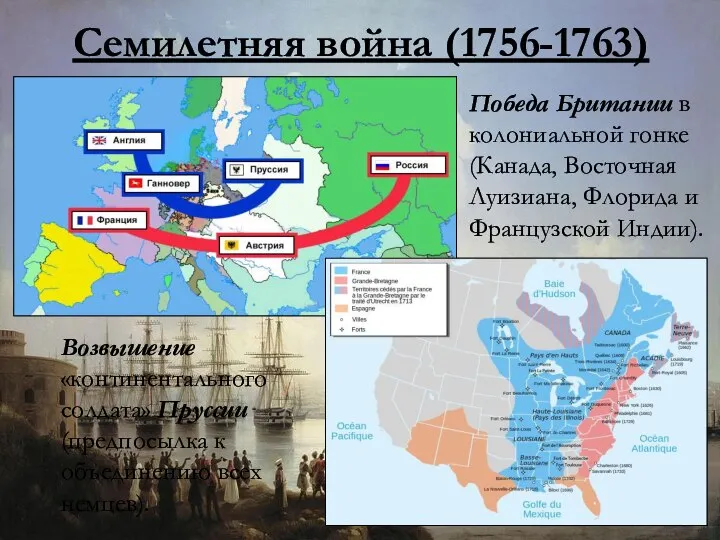 Семилетняя война (1756-1763) Возвышение «континентального солдата» Пруссии (предпосылка к объединению всех немцев).