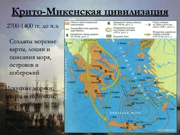 Крито-Микенская цивилизация 2700-1400 гг. до н.э. Созданы морские карты, лоции и описания