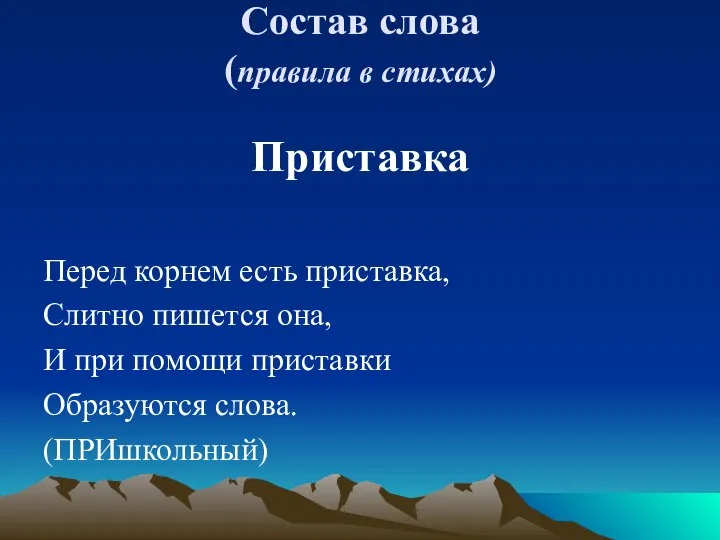 Состав слова (правила в стихах) Приставка Перед корнем есть приставка, Слитно пишется