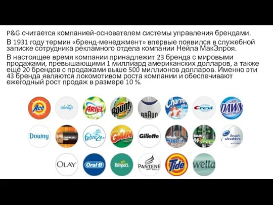 P&G считается компанией-основателем системы управления брендами. В 1931 году термин «бренд-менеджмент» впервые