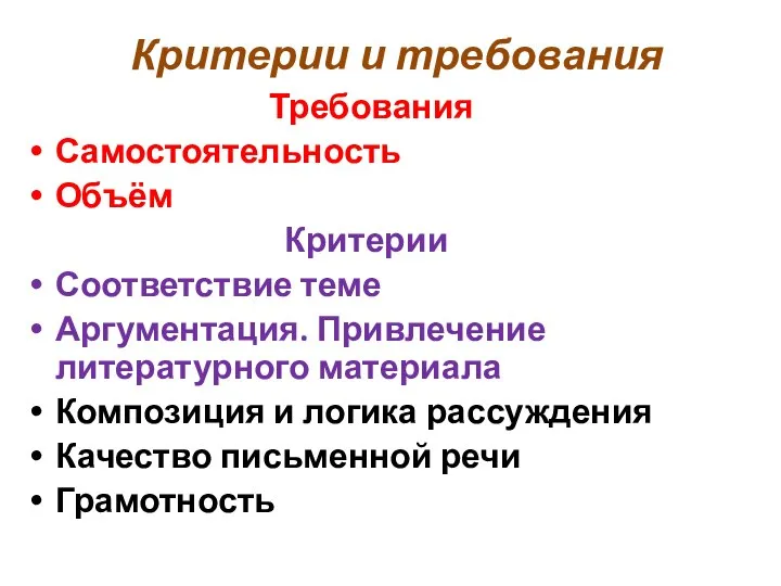 Критерии и требования Требования Самостоятельность Объём Критерии Соответствие теме Аргументация. Привлечение литературного