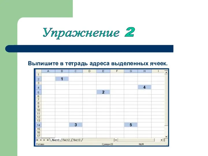 Упражнение 2 Выпишите в тетрадь адреса выделенных ячеек.