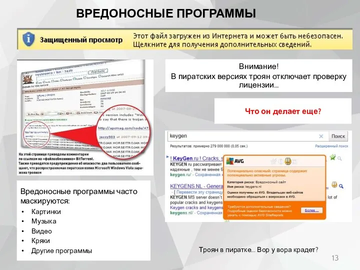 ВРЕДОНОСНЫЕ ПРОГРАММЫ Вредоносные программы часто маскируются: Картинки Музыка Видео Кряки Другие программы
