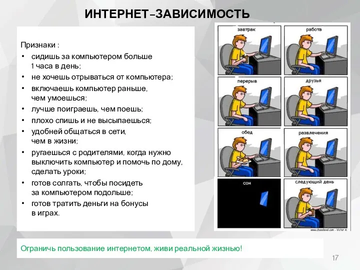 ИНТЕРНЕТ–ЗАВИСИМОСТЬ Признаки : сидишь за компьютером больше 1 часа в день; не