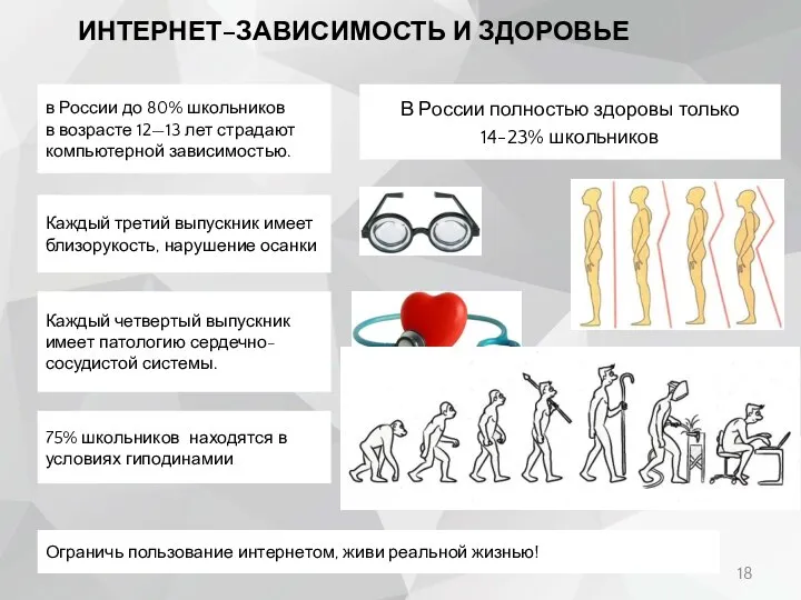 ИНТЕРНЕТ–ЗАВИСИМОСТЬ И ЗДОРОВЬЕ Ограничь пользование интернетом, живи реальной жизнью! В России полностью