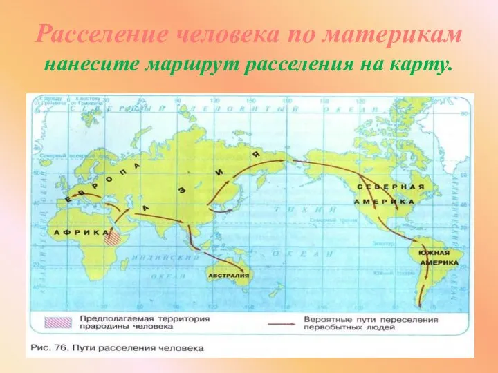 Расселение человека по материкам нанесите маршрут расселения на карту.