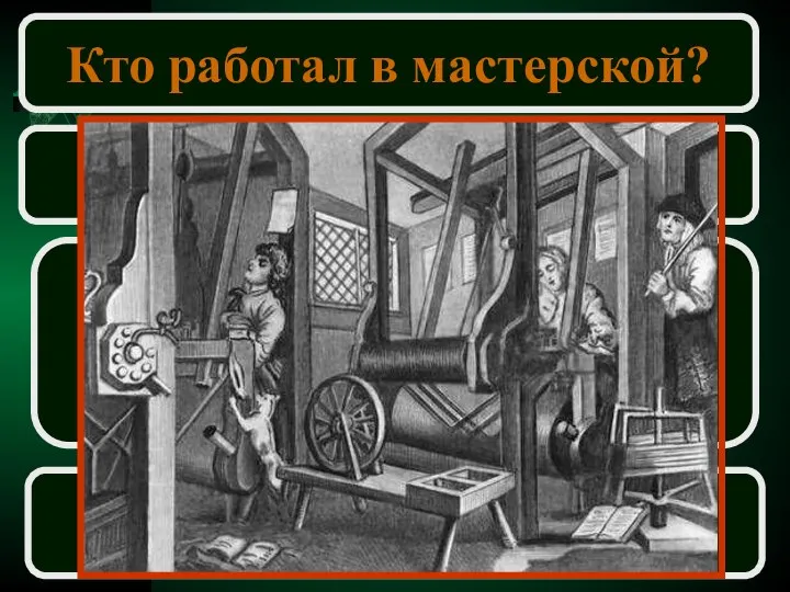 Кто работал в мастерской? Подмастерье Помогал мастеру в работе Получал зарплату Мог сам стать мастером