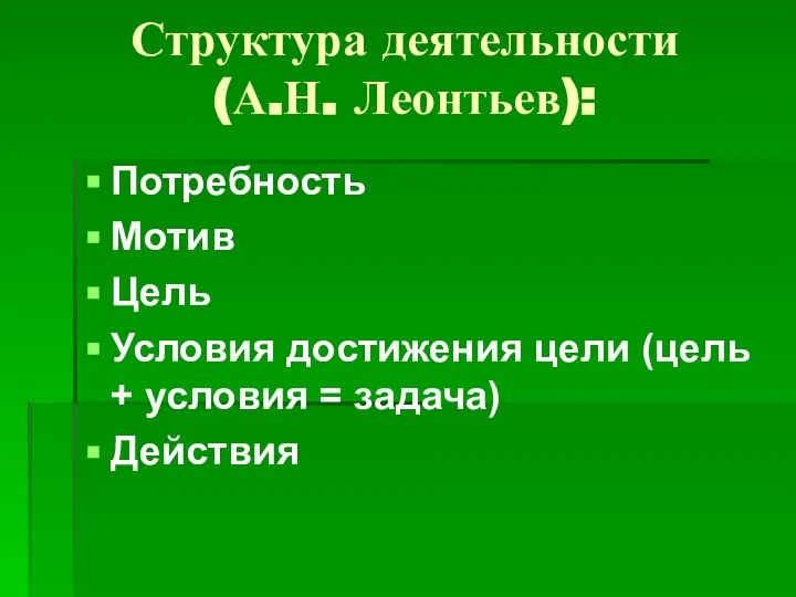 Структура деятельности (А.Н. Леонтьев): Потребность Мотив Цель Условия достижения цели (цель + условия = задача) Действия
