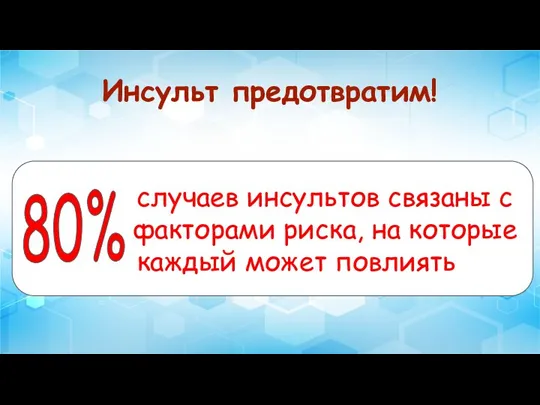 Инсульт предотвратим! случаев инсультов связаны с факторами риска, на которые каждый может повлиять 80%