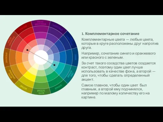 1. Комплементарное сочетание Комплементарные цвета — любые цвета, которые в круге расположены