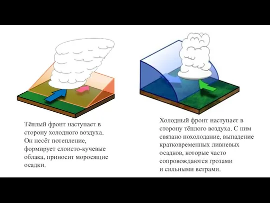 Тёплый фронт наступает в сторону холодного воздуха. Он несёт потепление, формирует слоисто-кучевые