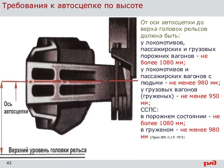 Требования к автосцепке по высоте От оси автосцепки до верха головок рельсов