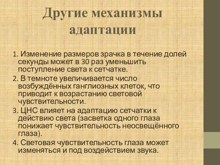 Другие механизмы адаптации 1. Изменение размеров зрачка в течение долей секунды может