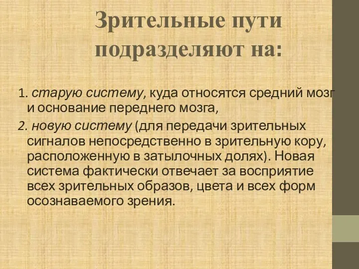 Зрительные пути подразделяют на: 1. старую систему, куда относятся средний мозг и