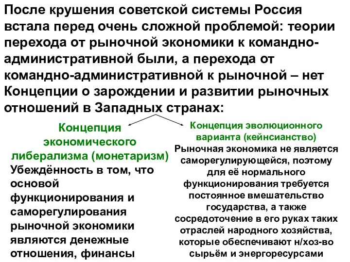 После крушения советской системы Россия встала перед очень сложной проблемой: теории перехода