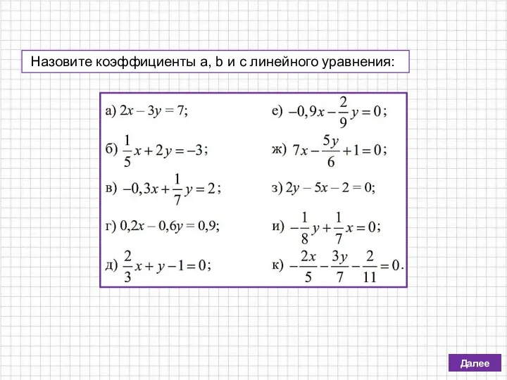 Назовите коэффициенты a, b и c линейного уравнения: Далее