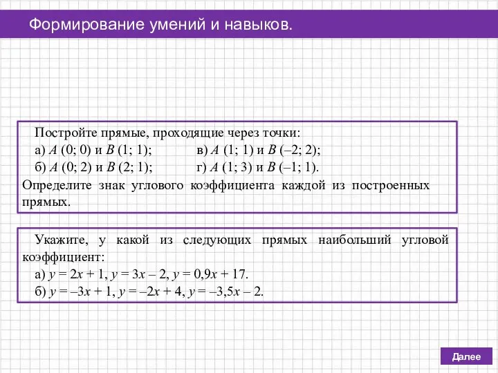 Далее Формирование умений и навыков. Постройте прямые, проходящие через точки: а) А