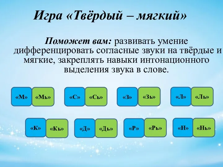 Игра «Твёрдый – мягкий» Поможет вам: развивать умение дифференцировать согласные звуки на