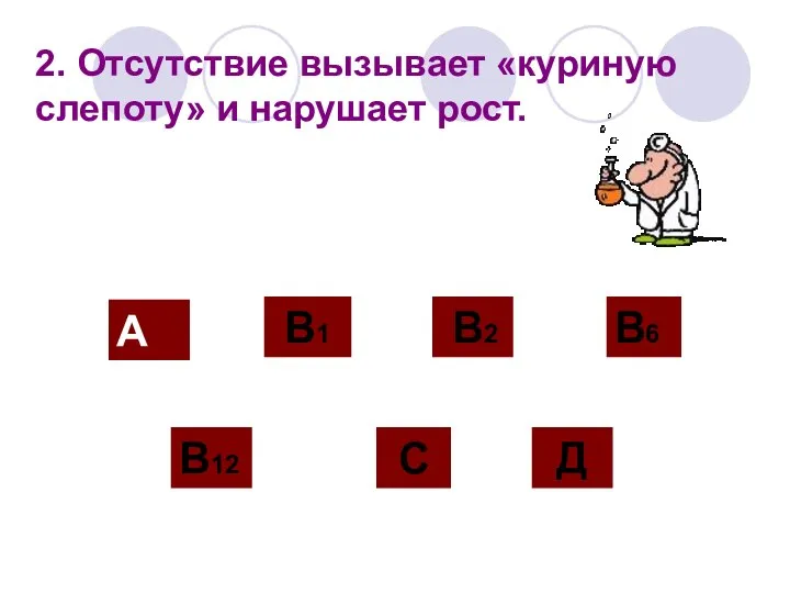 2. Отсутствие вызывает «куриную слепоту» и нарушает рост. А В12 В2 С Д В1 В6