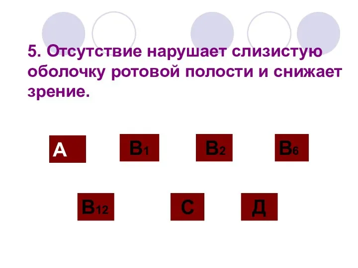 5. Отсутствие нарушает слизистую оболочку ротовой полости и снижает зрение. А В12