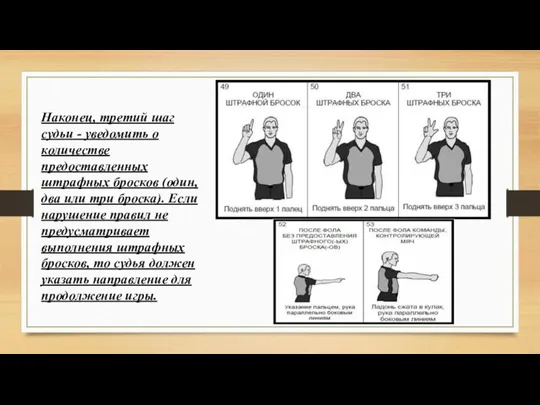 Наконец, третий шаг судьи - уведомить о количестве предоставленных штрафных бросков (один,