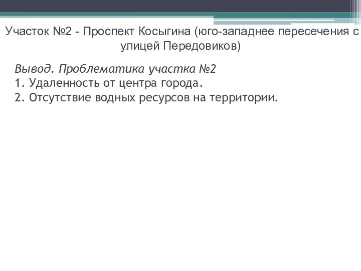 Участок №2 - Проспект Косыгина (юго-западнее пересечения с улицей Передовиков) Вывод. Проблематика