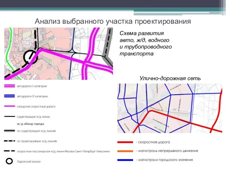 Анализ выбранного участка проектирования Схема развития авто, ж/д, водного и трубопроводного транспорта Улично-дорожная сеть