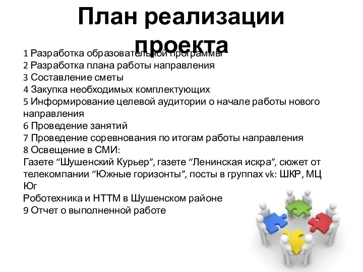 План реализации проекта 1 Разработка образовательной программы 2 Разработка плана работы направления