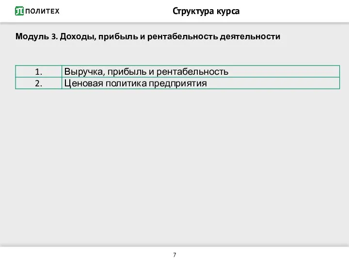 Структура курса Модуль 3. Доходы, прибыль и рентабельность деятельности