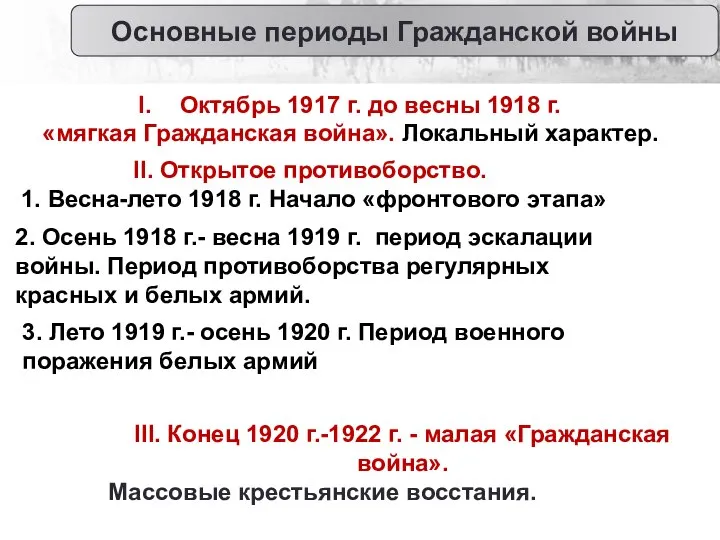 Основные периоды Гражданской войны Октябрь 1917 г. до весны 1918 г. «мягкая