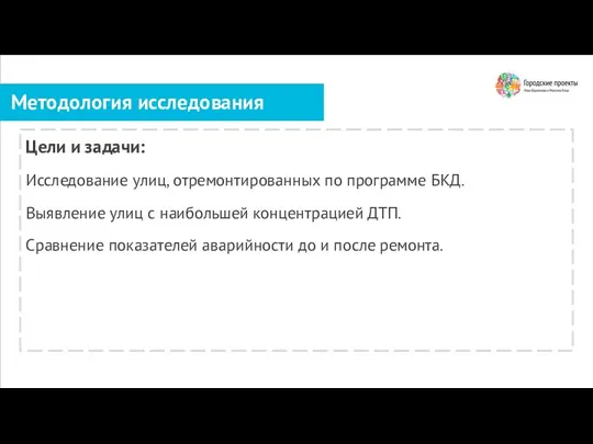 Методология исследования Цели и задачи: Исследование улиц, отремонтированных по программе БКД. Выявление