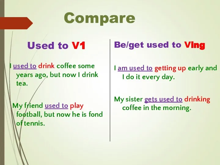 Compare Used to V1 I used to drink coffee some years ago,