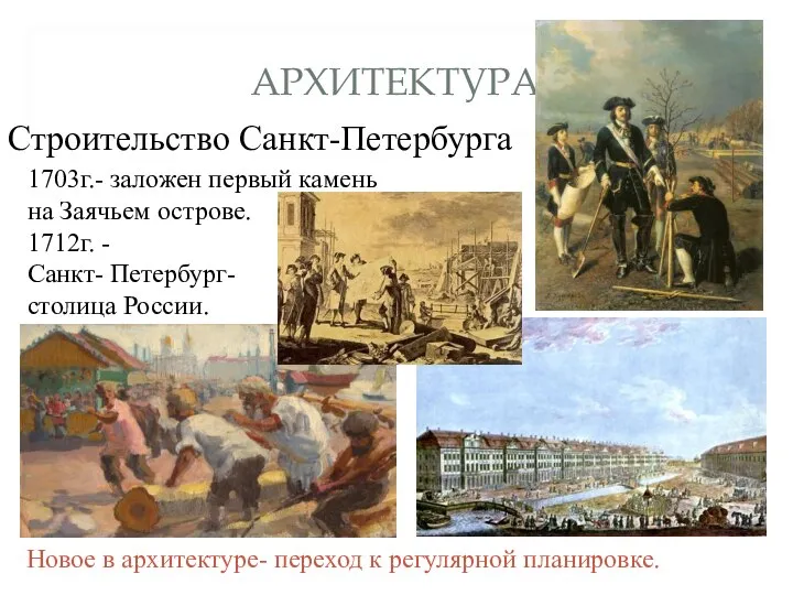 АРХИТЕКТУРА Строительство Санкт-Петербурга 1703г.- заложен первый камень на Заячьем острове. 1712г. -