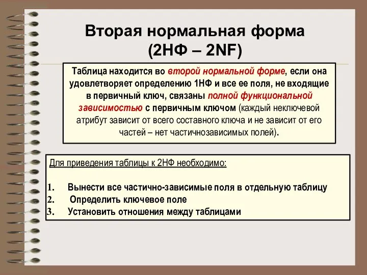 Таблица находится во второй нормальной форме, если она удовлетворяет определению 1НФ и