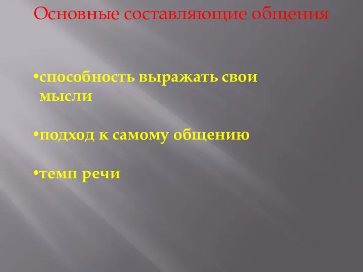 Основные составляющие общения способность выражать свои мысли подход к самому общению темп речи