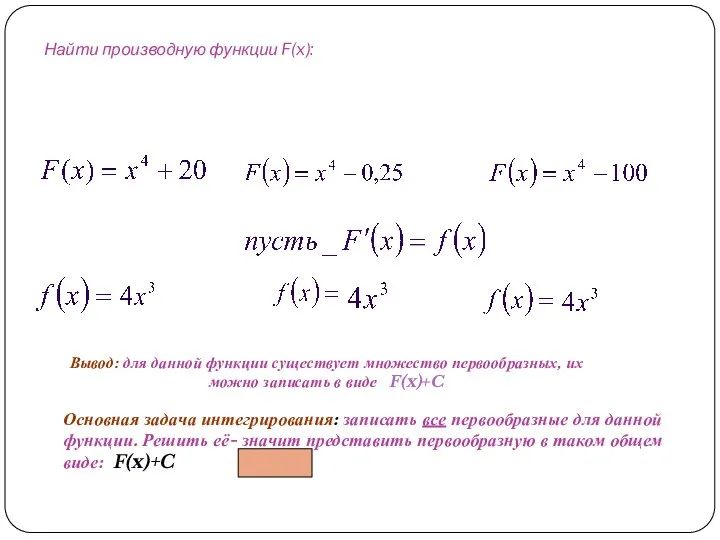 Найти производную функции F(x): Вывод: для данной функции существует множество первообразных, их