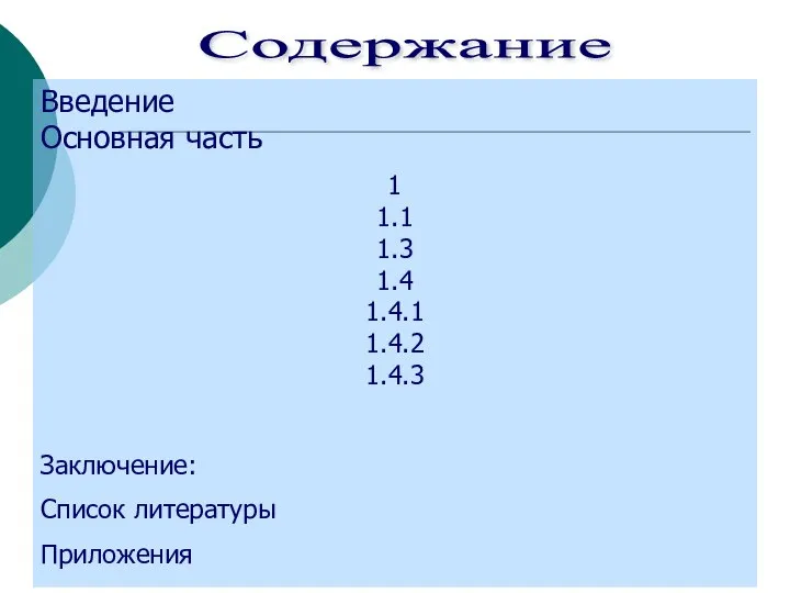 Содержание Введение Основная часть 1 1.1 1.3 1.4 1.4.1 1.4.2 1.4.3 Заключение: Список литературы Приложения