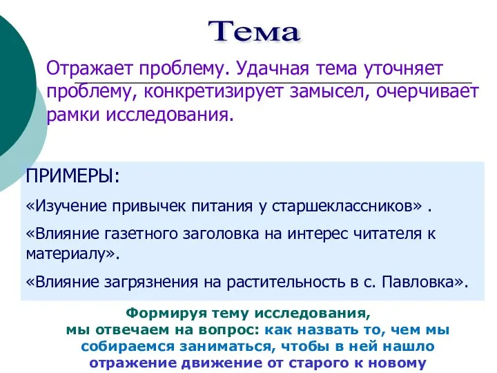 Тема Отражает проблему. Удачная тема уточняет проблему, конкретизирует замысел, очерчивает рамки исследования.