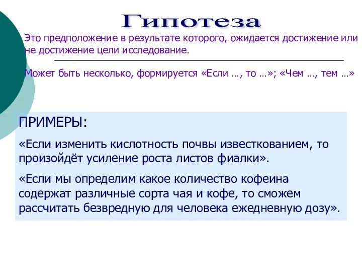 Гипотеза Это предположение в результате которого, ожидается достижение или не достижение цели