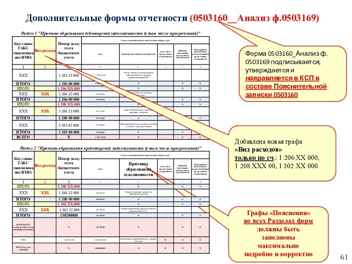 Дополнительные формы отчетности (0503160__Анализ ф.0503169) Графы «Пояснения» во всех Разделах форм должны