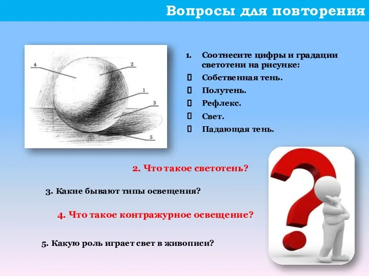 Вопросы для повторения 2. Что такое светотень? 3. Какие бывают типы освещения?