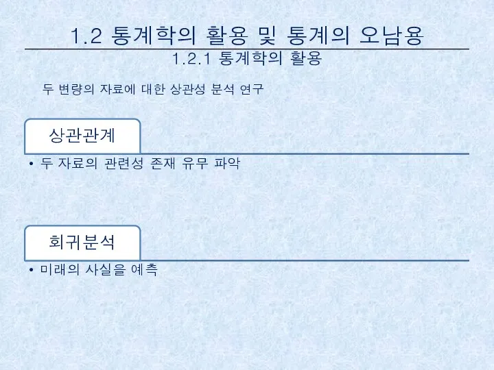 두 변량의 자료에 대한 상관성 분석 연구 1.2 통계학의 활용 및 통계의 오남용 1.2.1 통계학의 활용