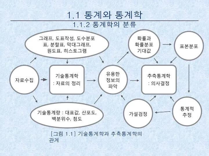 1.1 통계와 통계학 1.1.2 통계학의 분류 [그림 1.1] 기술통계학과 추측통계학의 관계