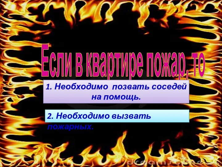 Если в квартире пожар, то 2. Необходимо вызвать пожарных. 1. Необходимо позвать соседей на помощь.